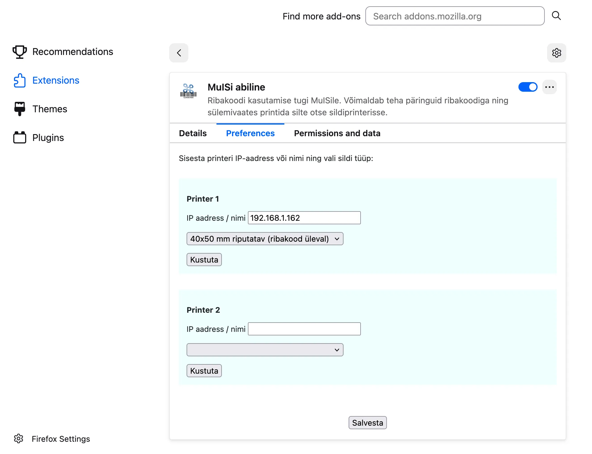 Firefox laienduse seaded